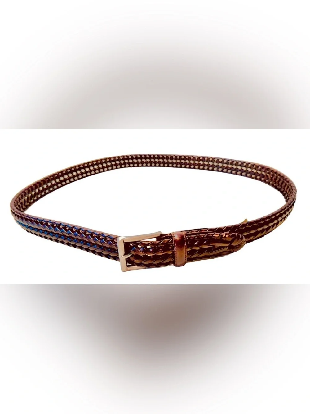 Fossil Mens Size 40 Brown Genuine Leather Braided Brushed Silver Buckle Belt